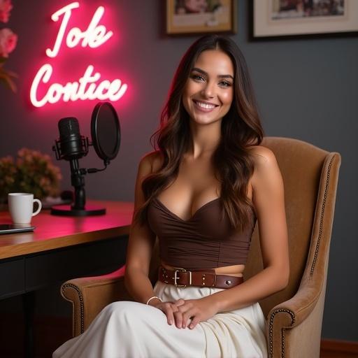 A beautiful woman sits comfortably in an elegant chair in a Hollywood-themed room. She has hazel eyes and a romantic smile. Long wavy balayage hair frames her lovely face. Wearing a chocolate brown strapless top and a wide leather belt. A white tiered skirt completes her look. The room is bright with movie frames and a neon sign. Engagement in conversation is evident as she faces the camera with a welcoming expression. Movie props are scattered around the table, adding to the cinematic theme.