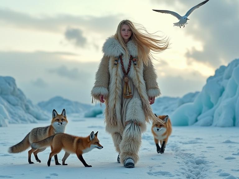 A beautiful blonde woman walks across a frozen Arctic landscape. She has long hair flowing in the wind. She wears a warm parka made from animal hides with traditional designs. Two playful Arctic foxes run around her. Above, a seagull glides mid-flight. The background shows icy dunes and a moody sky. The scene captures a sense of beauty and harmony in nature.