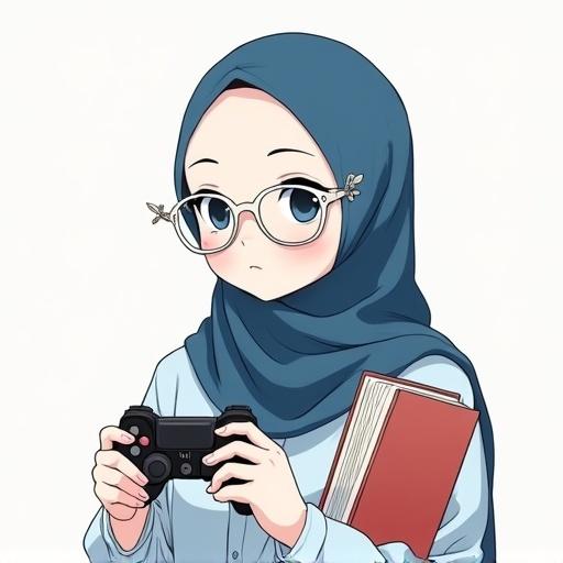 Anime-style illustration of a girl with white-framed glasses wearing a blue hijab. One hand holds a PlayStation controller and the other holds a book. The style is clean and modern with no facial features. Handwritten text says 'MH'.