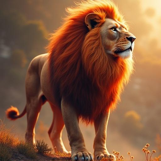 A majestic lion stands proudly on a grassy hilltop. The lion has a flowing red mane. The sunset creates a warm glow around the animal. The scene captures the beauty of wildlife. The background shows hills and soft vegetation.