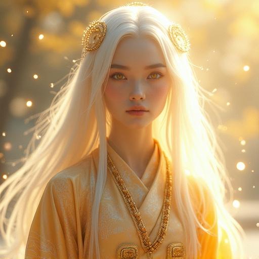 A stunning cyber shrine maiden inspired by Amaterasu. She has long flowing white and golden hair. Her glowing golden eyes reflect ethereal beauty. Wearing a futuristic ceremonial kimono with golden circuit patterns. The background is minimalistic and softly blurred. Gentle floating particles fill the air. Her posture is elegant. The image evokes a calm and sacred mood. Photorealistic details in face and costume shine in soft sunlight.