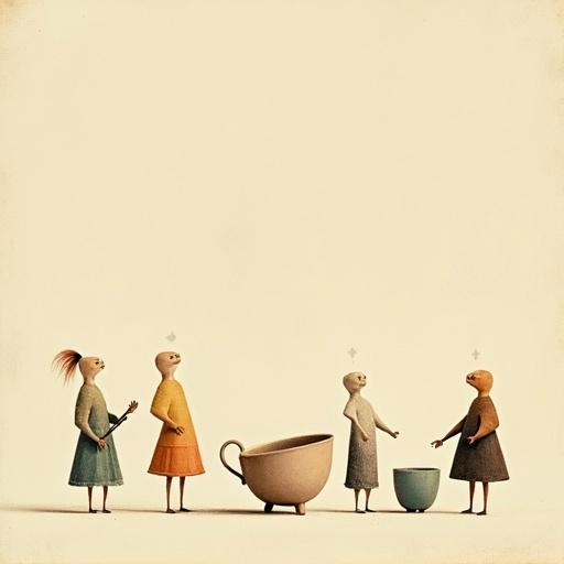 Surreal illustration of small vintage humans in a minimalist style. Oversized objects create a whimsical scene. Show vast negative space with a clean background. Include subtle textures for depth and a modern aesthetic.
