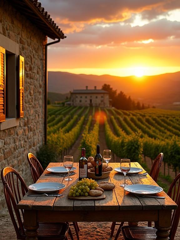 Idyllic Tuscan countryside scene at sunset. Foreground features a rustic wooden dining table set for a meal on terrace or patio. Table includes white plates wine glasses wooden board with grapes loaves of bread and wine bottle. Left a stone farmhouse with wooden shutters. Table overlooks vineyards with green grapevines on rolling hills. Olive groves visible. Distant stone building on a hilltop. Dramatic golden sunset sky with orange yellow hues. Perfectly captures countryside living essence with agriculture gastronomy architecture and natural beauty.