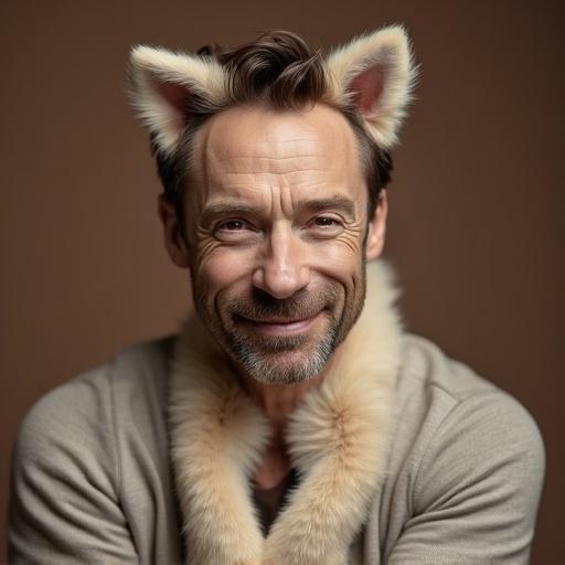 Portrait of a man wearing puppy ears and a fur collar. He has a friendly smile and a warm expression. The background is neutral and highlights the playful theme.