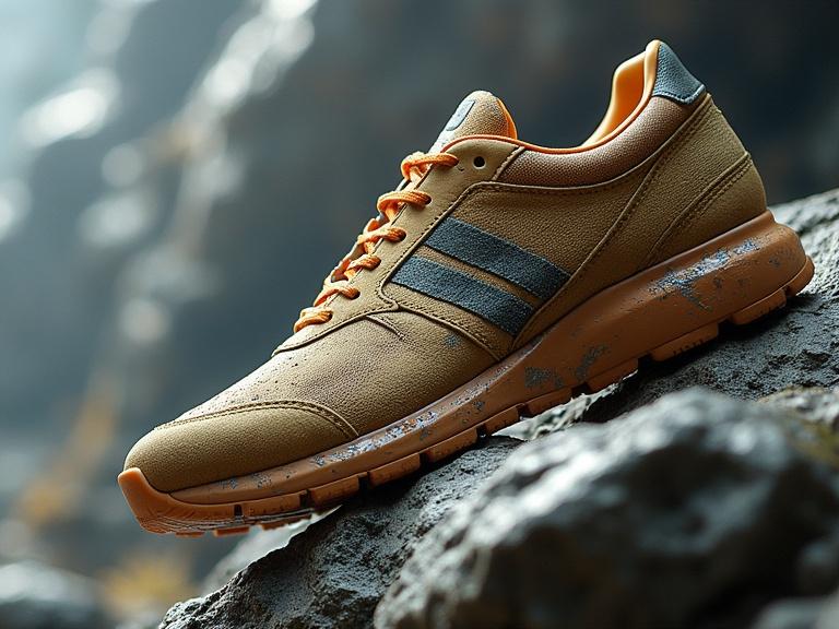 Shoe displayed on rocky terrain. Bright orange accents with a tan-colored body. Natural lighting highlights shoe details.