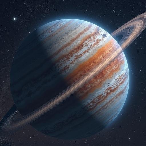 A detailed illustration of a giant planet resembling Jupiter with colorful bands and prominent rings. Background features stars in deep space. High-quality digital rendering.