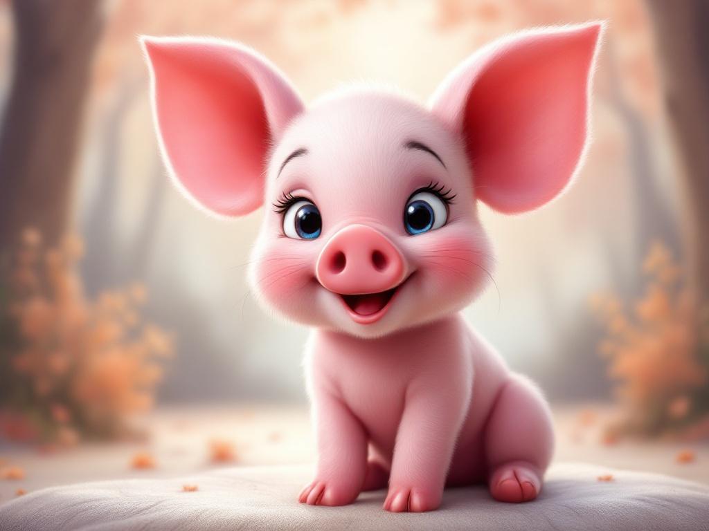 A cheerful cartoon piglet with big blue eyes and a smiling face sits proudly. Its pink skin glows softly in a warm, inviting light. The background features a blurred landscape with hints of autumn foliage, enhancing the cozy atmosphere. The piglet has oversized ears that add to its charm and cuteness. This character is designed in a playful, whimsical style perfect for children's content.