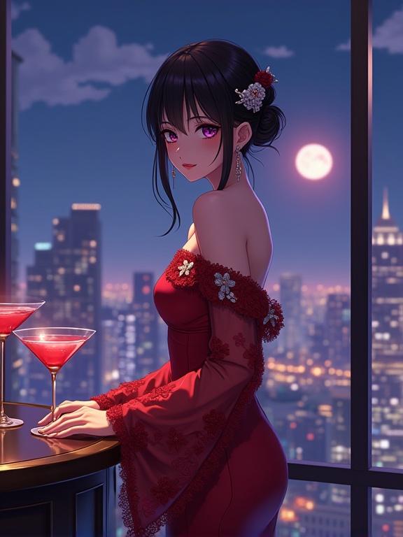 A stunning woman in a red gown stands elegantly by a large window in a high-end lounge. She exudes charm and sophistication. Her gown features shiny silver embroidery and sheer sleeves. The city skyline glows at night behind her. A full moon adds a romantic touch. The image is richly detailed with a semi-anime style.