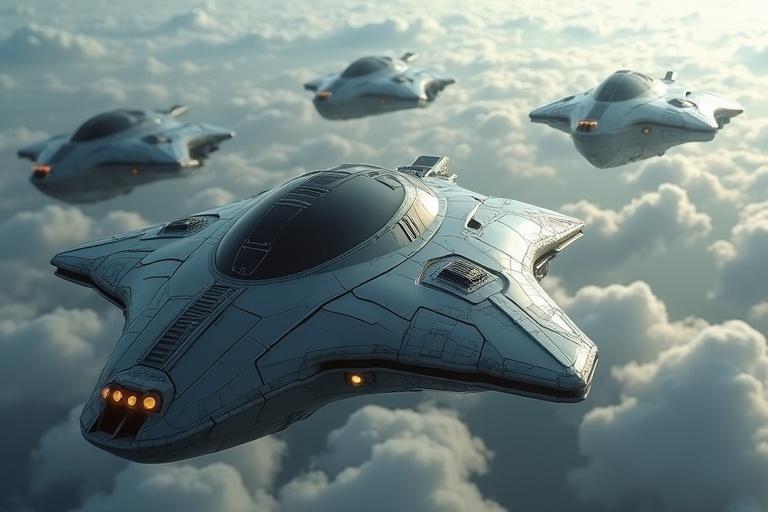 Image depicts multiple large sci-fi dropships made of sleek grey metal entering the troposphere. The dropships have very small windows and intricate details with shadows and textures to enhance realism. Scene is set above the clouds with a cinematic feel.