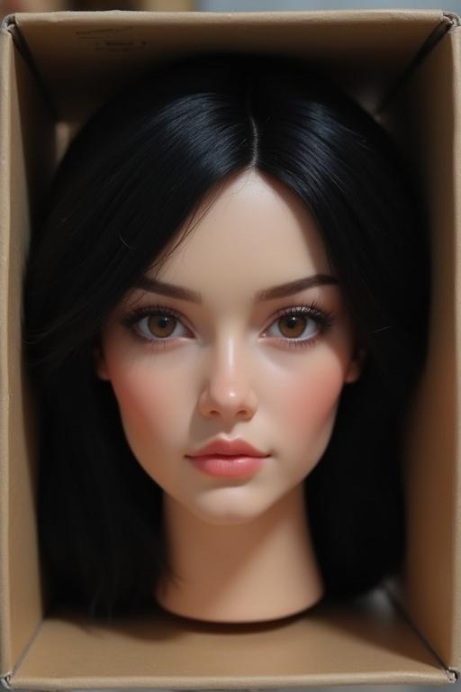 Realistic female head placed in a box with black hair.