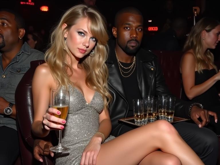 Nightclub vip section with celebrity presence. Taylor Swift in silver dress sits close to Kanye West, who is giving her a drink. Soft nightclub lighting illuminates their interactions. Full body shot displaying the ambiance. Recent social gathering. Emphasis on both personalities and their attire in a festive setting.