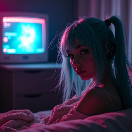 Hatsune Miku depicted as a disillusioned adult. Sitting on a couch. Dim room with TV projecting light. Messy hair and face with Cheeto dust. Staring vacantly at the TV.