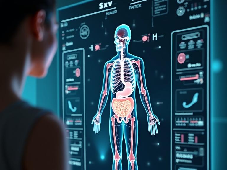 Smart mirror displays real-time metabolism simulation based on gut microbiome. The screen shows a holographic body with highlighted organs. A person stands in front of it looking at the display.