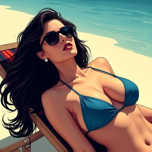 A woman with long dark hair lies on a beach lounge chair. She wears a tiny blue bikini and dark sunglasses. Her hair flows over her back. She poses confidently. The scene has comic noir style. Dramatic lighting and deep shadows are present. Sunlight highlights her skin. A gentle breeze moves her hair.
