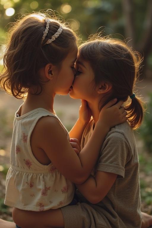 A tender moment between two girls sharing a kiss in a natural setting with soft lighting and warm colors.