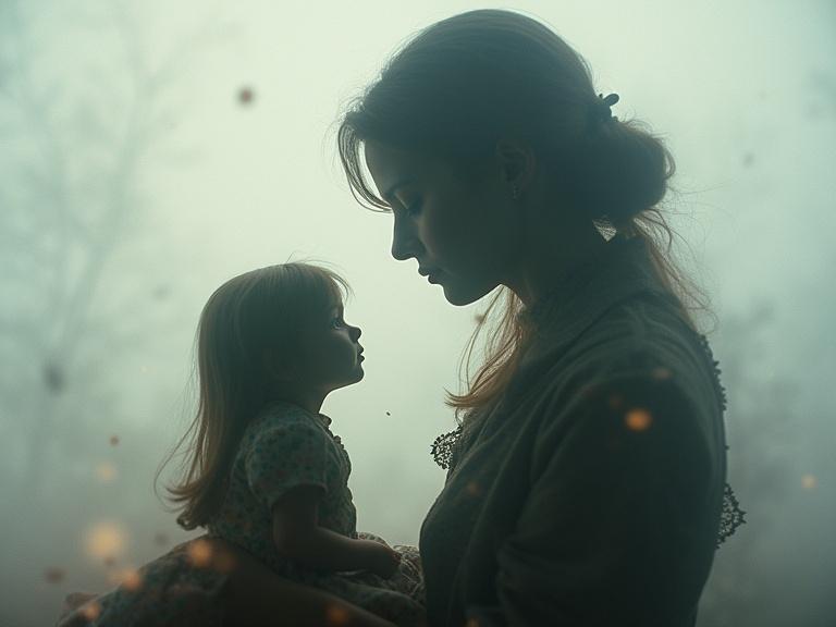 Image depicts a surreal double-exposure of a mother and child silhouette. Digital glitch effects create an eerie atmosphere. Soft lighting enhances a dreamy ambiance. Nesting doll concept represented visually.