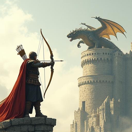 futuristic fantasy concept art sketch featuring elven archer firing magic arrow with golden longbow at dragon from castle tower