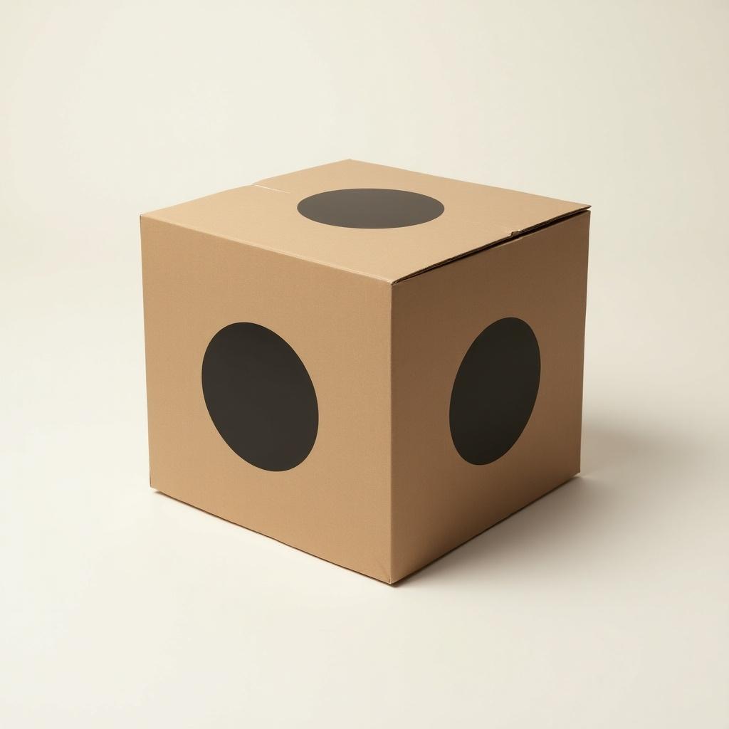 This image features a cardboard box that is mostly brown with two large black circles on opposite sides. The box is presented with a simple and clean background for visual clarity. The lighting is soft, creating a neutral ambiance that accentuates the design of the box. The two black discs are bold and geometric, contrasting nicely with the brown cardboard material. This minimalist design may appeal to various sectors, especially in packaging and retail.