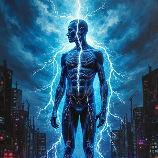 Dramatic abstract representation of electricity surging through human figure. Vivid neon streaks of lightning crackle from the body and veins. Figure silhouetted against dark stormy sky with bright white and electric blue pulses. Chaotic urban landscapes with shattered glass in the background. Contrast between shadows and electric light conveys power and rebellion. Bold strokes and electrifying colors create raw intense atmosphere.