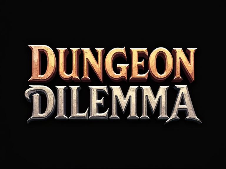 Generate text DUNGEON stacked above DILEMMA centered. Use heavy blocky serif type with chiselled edges. A fantasy game logo style.