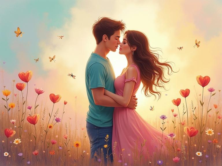 Romantic couple embracing in a flower field. Pastel colors create a warm ambiance. Impressionist landscape with blooming flowers and buzzing bees. Couple surrounded by a serene aura. Perfect for love and connection themes.