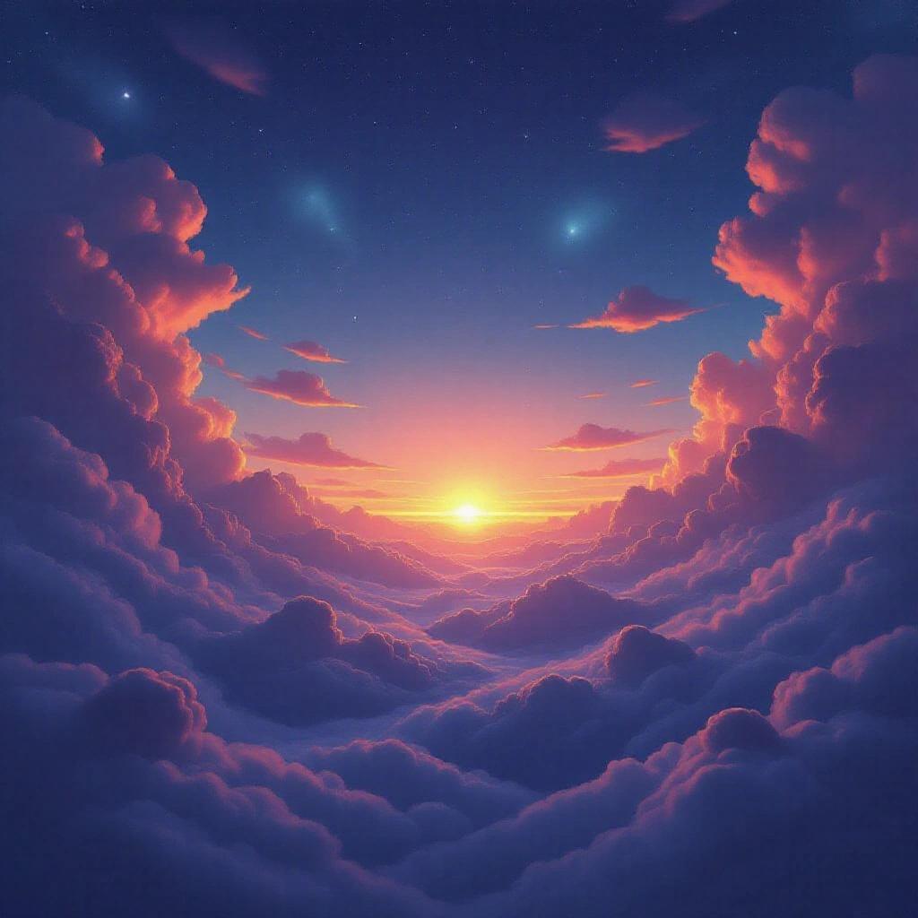 Dreamscape artwork depicting a vibrant sunset above soft clouds. Aerial view showcases a breathtaking horizon filled with colorful hues.