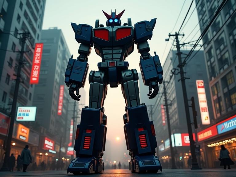 Ground view of a giant robot towering at 100 feet. The robot has mechanical joints and is designed in bevel blocky iron metal. It features a dark silhouette with metallic textures and small exhaust grates. Dark blue LED lights shine from inside. The setting is an Asian city with stores, streetlights, power lines, and atmospheric fog. People are visible against tall buildings at sunset.