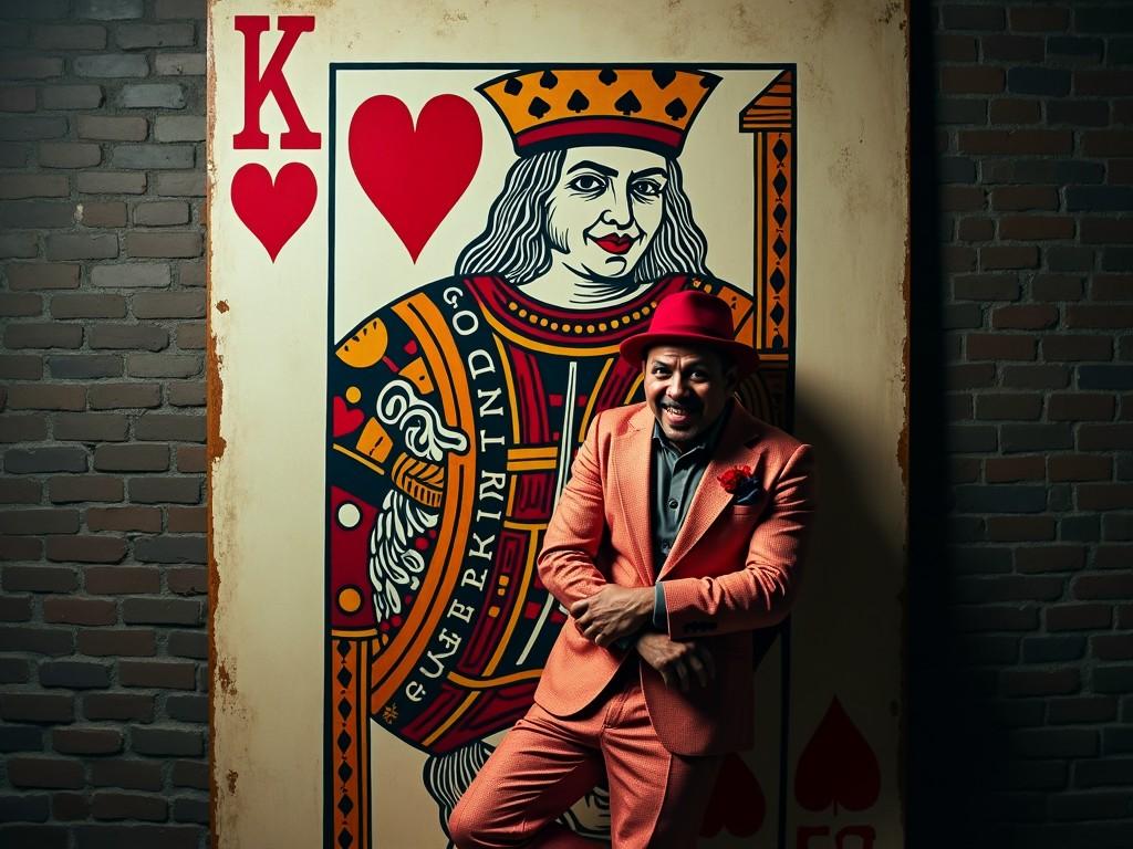 The image features a person dressed in a colorful suit, leaning against a large playing card backdrop. The card is a King of Hearts, and it's depicted with a weathered, vintage look. The person's suit is rich with bright colors, contrasting with the dark brick wall around. A playful atmosphere is created with the character's exaggerated facial expressions. The word EMP is nicely added in red on the background, blending with the card's design. The effect is subtle but noticeable, giving a mysterious touch to the scene.