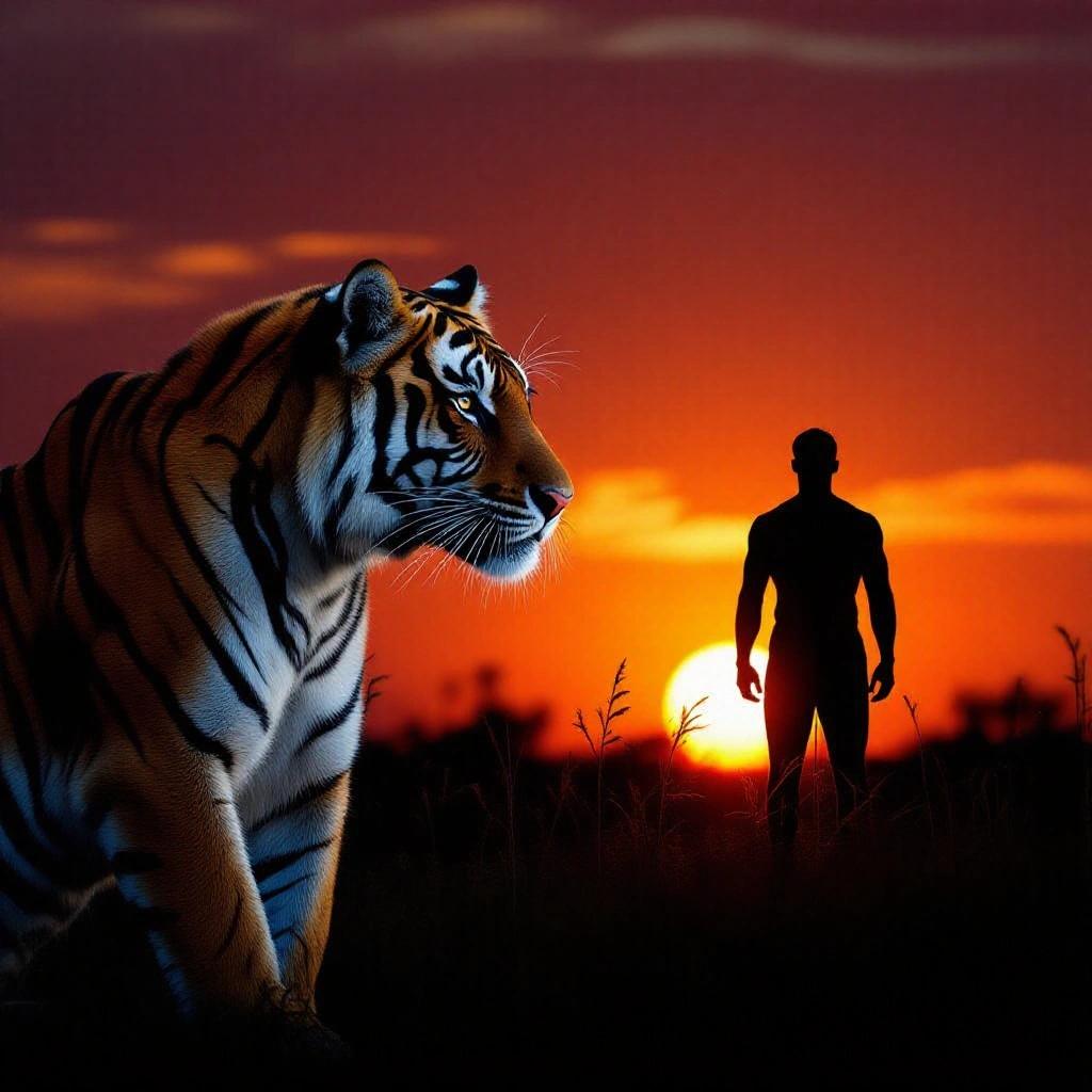 Striking image of a tiger in the wild alongside a powerful silhouette of a man at sunrise.