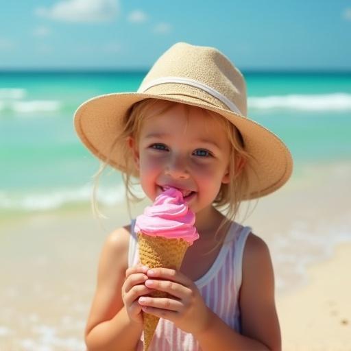 Realistic scene of a child enjoying ice cream on a beach. Bright sunny day with turquoise water in the background. The child is smiling and holding a pink ice cream cone.