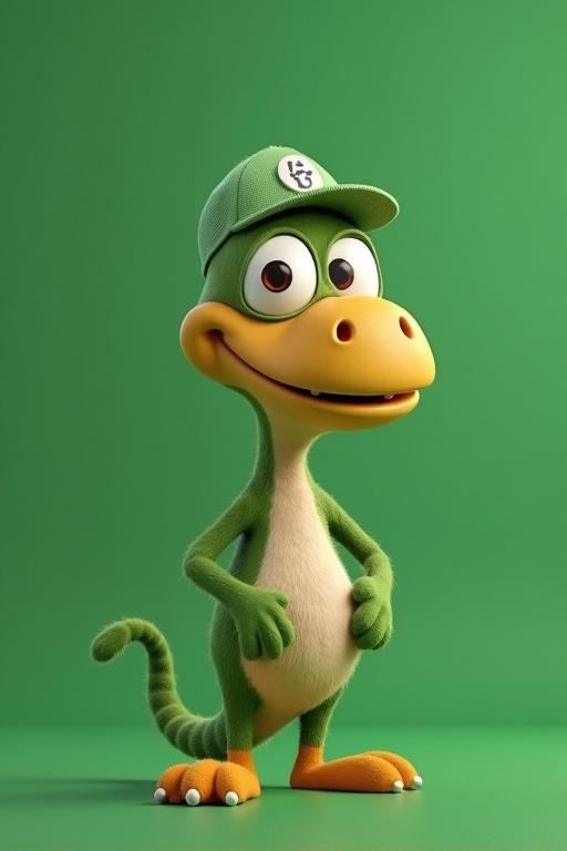 3D animated character of a friendly green dinosaur wearing a cap. Simple green background.