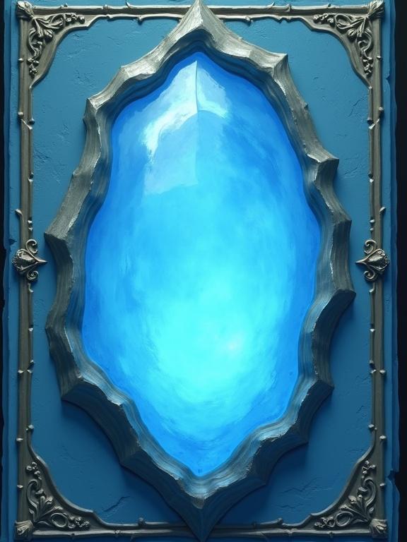 A fantasy card back design. Light blue theme features a glowing oval stone in the center. Symmetrical layout. 2D illustration.