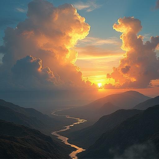 A beautiful sunrise over clouds. Warm light illuminates the scene creating a serene atmosphere. The sky features a mix of vibrant oranges and soft blues highlighting the clouds.