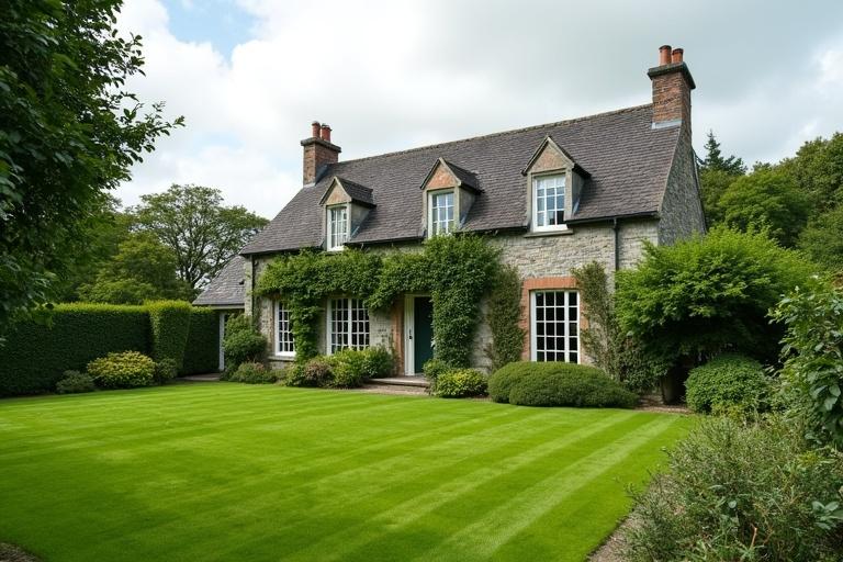 An Irish home complements a large green garden. The garden occupies most of the left side. The house is stone with a green door. Neatly trimmed hedges surround the property. The atmosphere is serene and inviting.