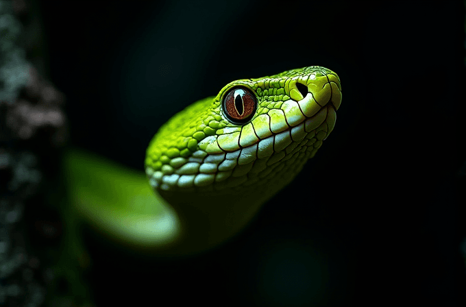 A close-up of a vibrant green snake with striking red eyes, set against a dark, blurred background.