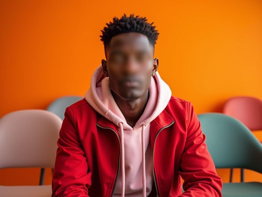 The image features a young man with a blurred face, indicating anonymity. He is seated in a brightly lit studio with a colored backdrop, primarily orange. The young man is wearing a stylish red bomber jacket over a light pink hoodie. The setting has a modern feel, with muted chairs in the background contrasting with the vibrant colors in front. The focus is on his attire and the overall atmosphere of the studio rather than his facial features.