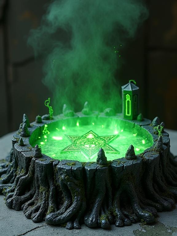 A resin sculpture base for a figure. Elevated green lava volcano pit made of black stone. Cracks in stone emit glowing green fire. Twisting roots tangled with thorns and dark moss line edges. Atop platform are magical symbols etched in stone. Dimly illuminated with green energy. Around platform are decorative Gothic spikes and fragments of columns. Small floating flames or green smoke present. Dark Gothic magical style. Realistic stone texture, moss, fire, and roots. Symmetrical and stable composition for 3D resin printing, ultra-detailed.