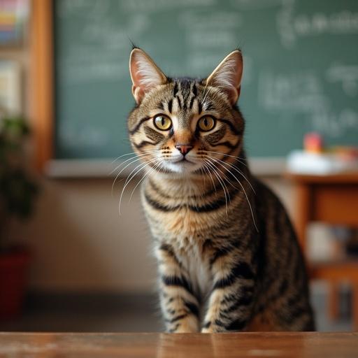 Image of a tabby cat sitting on a desk in a classroom with a green chalkboard in the background. The cat has striking markings and large expressive eyes. The scene is well-lit and conveys a friendly atmosphere.
