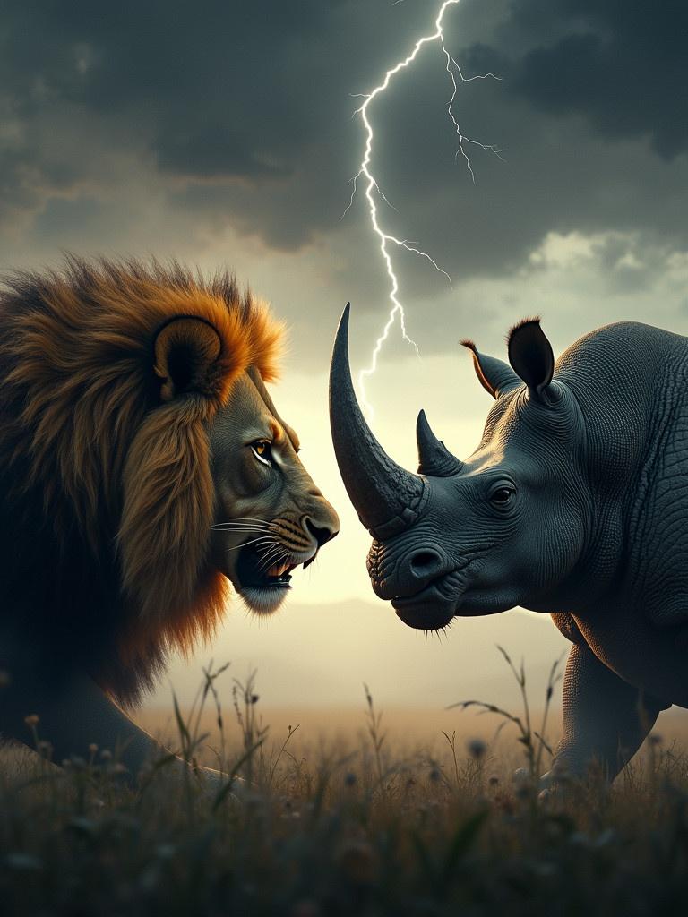 Dramatic depiction of a lion and a rhinoceros facing each other. Lion showcases a regal man with glowing gold hues. Rhinoceros emphasizes a massive build and prominent horn. Background presents a tempestuous scene with dark clouds and bold lightning. The composition conveys strong emotions of conflict and dominance.