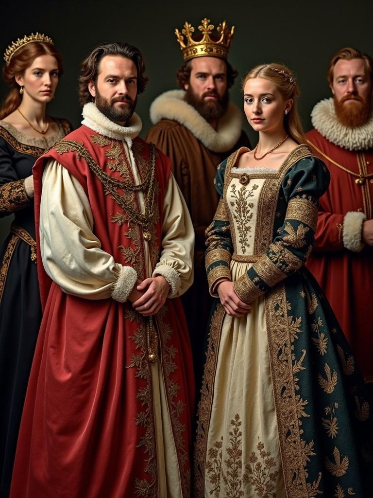 Group of individuals in detailed medieval costumes. They represent British royalty, showcasing elegant dresses and regal attire from the medieval period. The setting is dark with a focus on the garment details and embellishments.