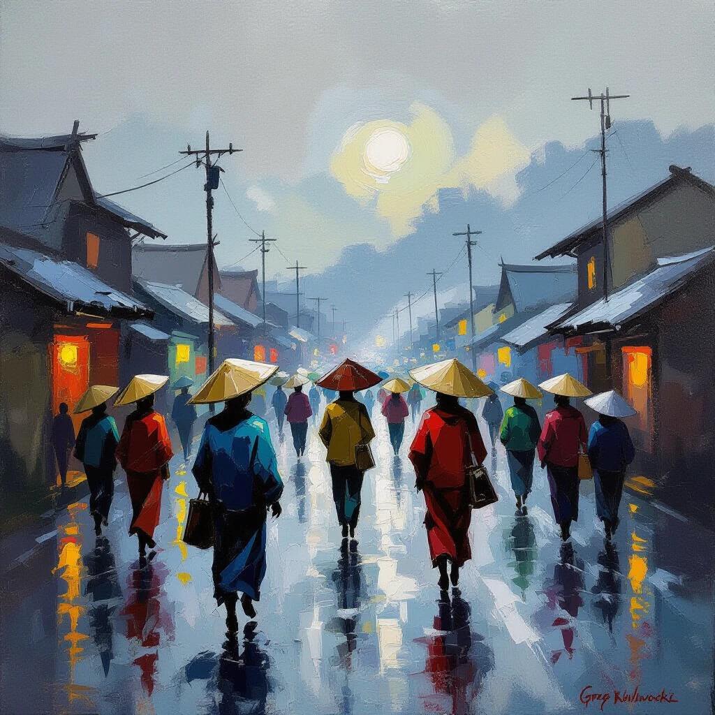 Crowds of villagers wearing traditional clothing walk on a wet street. They carry umbrellas against a dark, reflective ground. The scene captures a moody atmosphere with a focus on movement and community. The background features traditional Japanese architecture under an overcast sky.
