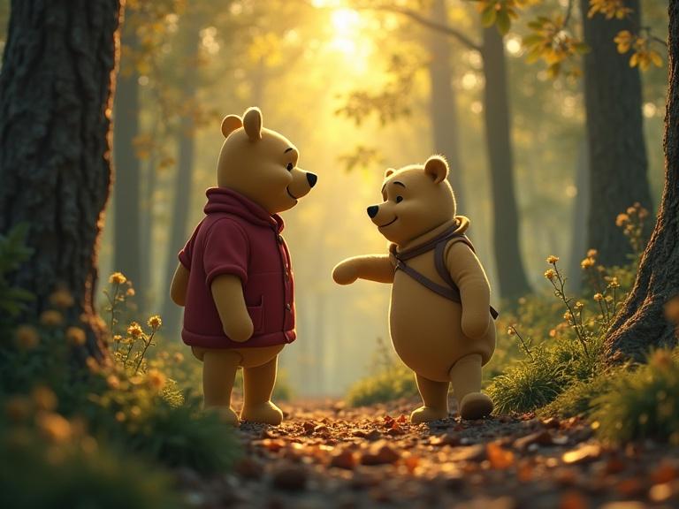 Two cute teddy bears in the woods. One bear wears a red hoodie. The other bear has a bag. Sunlight filters through trees. Flowers bloom around them. They appear to be having a friendly conversation. Enchanting and vibrant setting.