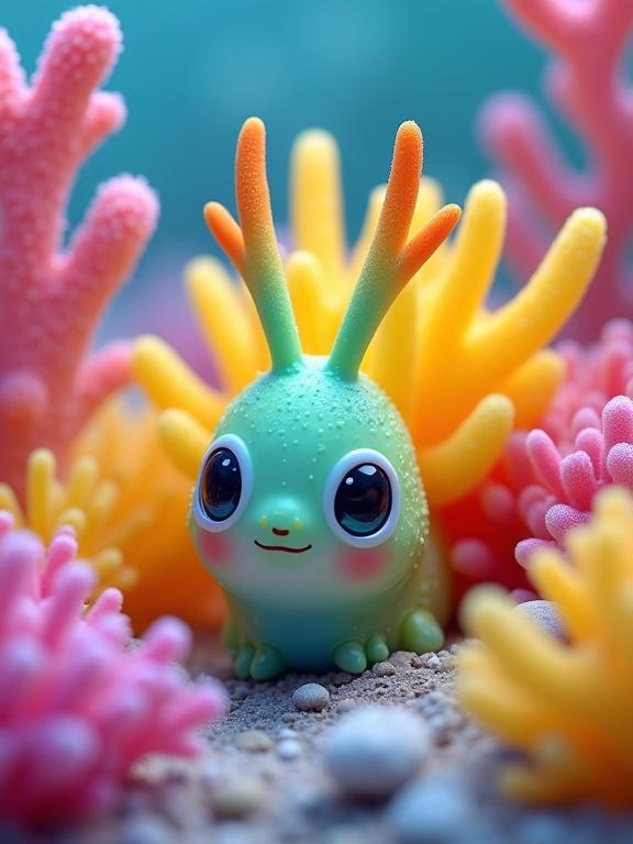 This image features a colorful underwater scene with a playful creature among vibrant coral formations. The creature has a green gradient body with orange-tipped antennae and large expressive eyes. It is surrounded by pink and yellow corals in a dreamlike landscape.