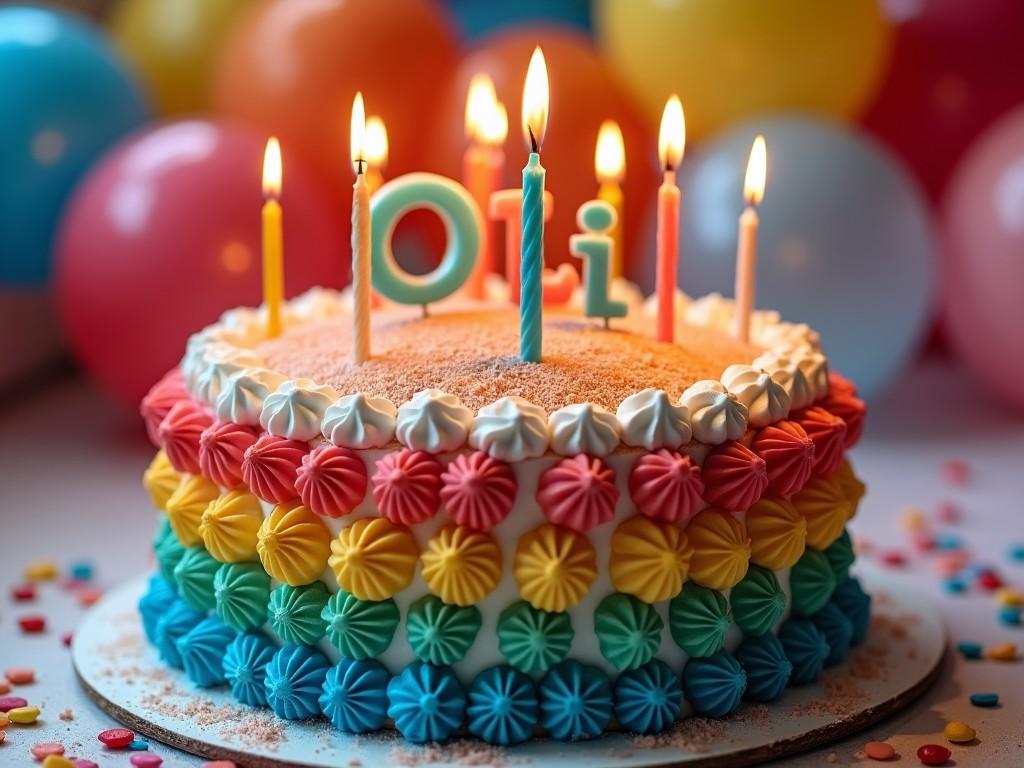 The image features a beautifully decorated birthday cake layered in colorful frosting. The cake has candles lit on top, emphasizing the festive mood. Surrounding the cake are several balloons in bright colors, creating a celebratory backdrop. The letters 'Oli' are visible on the cake, suggesting it is for a birthday celebration. Confetti sits on the table underneath, adding to the party atmosphere.