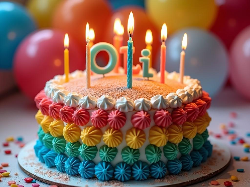 The image features a beautifully decorated birthday cake layered in colorful frosting. The cake has candles lit on top, emphasizing the festive mood. Surrounding the cake are several balloons in bright colors, creating a celebratory backdrop. The letters 'Oli' are visible on the cake, suggesting it is for a birthday celebration. Confetti sits on the table underneath, adding to the party atmosphere.