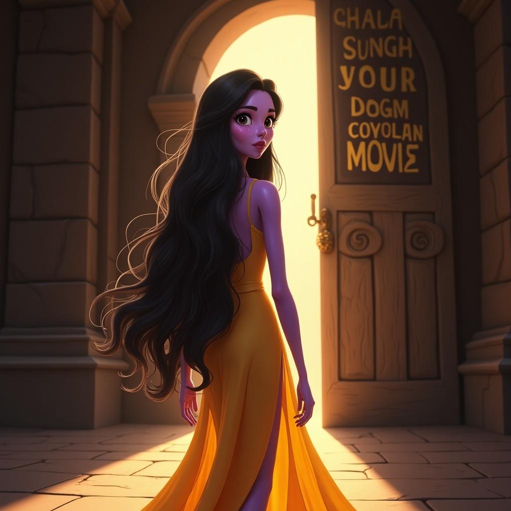 Animated character with long, wavy black hair and purple skin wearing a sunflower dress. She walks towards an ancient doorway with a confident pose. Sunlight streams through the door with words bold CHILLAXMOVIEFLIX above it. The scene conveys grace and determination.