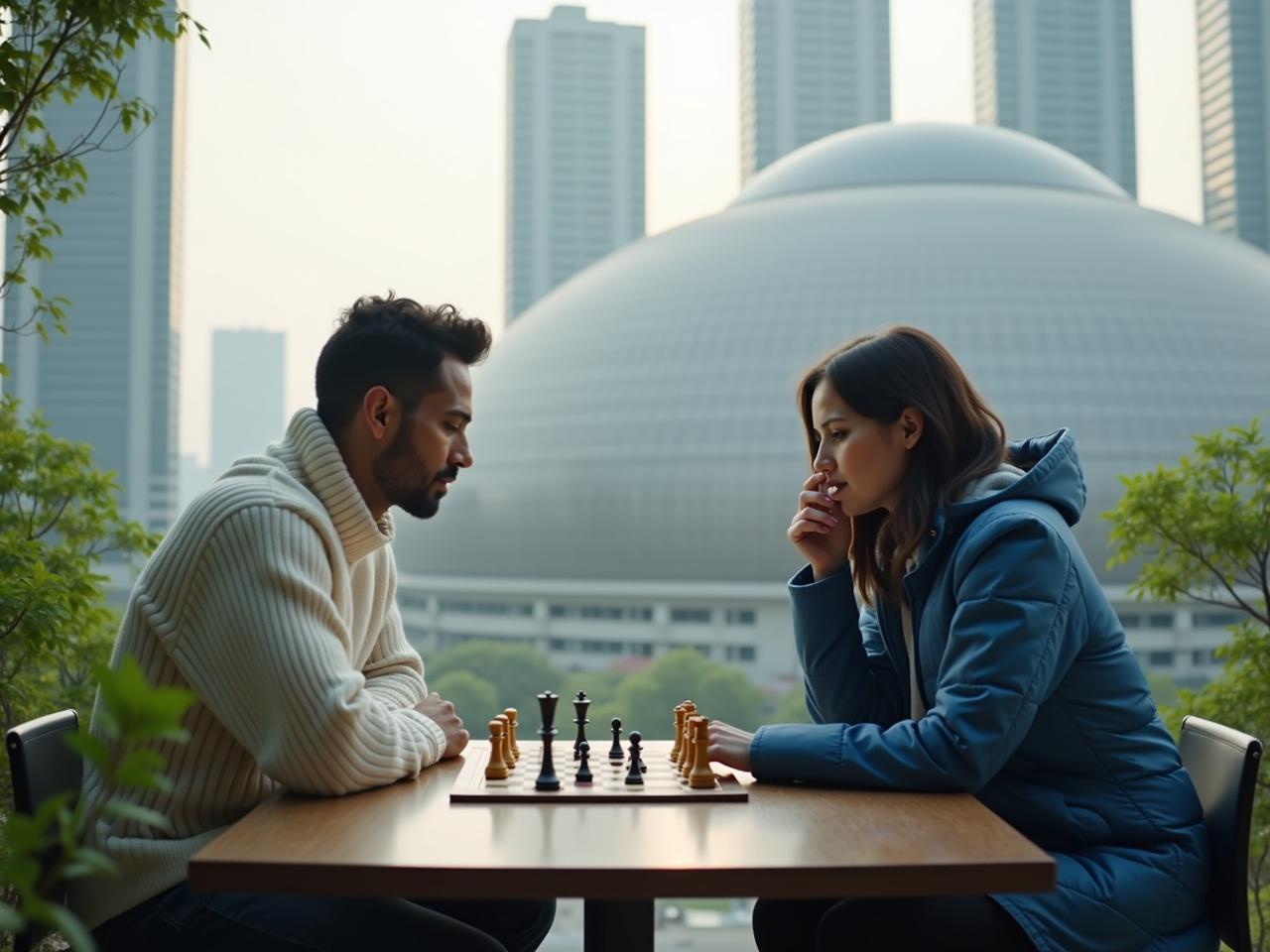 The image depicts two people sitting at a table, engaged in a game of chess. One person is wearing a white sweater, while the other is dressed in a blue jacket. They are focused on the chessboard in front of them. The backdrop features a modern urban landscape with tall skyscrapers. A large, domed structure can be seen in the background, adding an architectural element to the scene. The atmosphere is serene, with greenery surrounding the table and a soft light illuminating the scene.