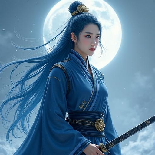 A character named Yun Qinglan stands under the moon with long blue-silver hair. His attire is a dark blue combat robe with gold embroidery, embodying a powerful warrior. The character has sharp gray eyes and a cold, calculating expression. He carries a dual-edged sword with spiritual inscriptions. The atmosphere is mystical.