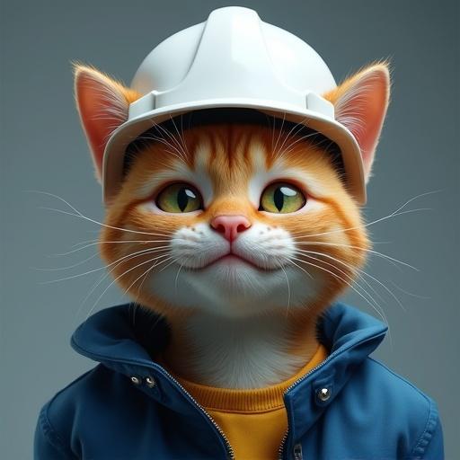 A semi-realistic cat with a nervous smile and sweat drops on its face. The cat has slightly down ears. It is wearing a white hard hat and a blue work jacket.