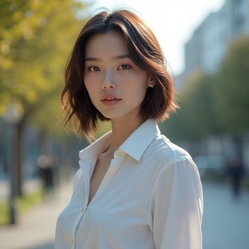 Portrait of a 25-year-old android woman. She stands and looks at the viewer. Features a natural human face with subtle robot elements. Dressed in modern casual clothing. Background is an outdoor setting with soft natural light.